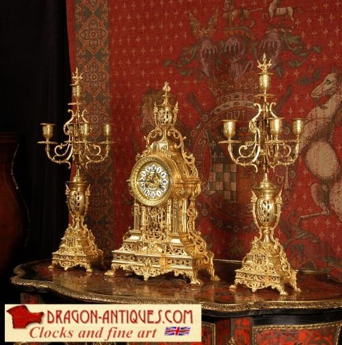 Louis Xvi Classical Brass Clock Set, French - Circa 1880.